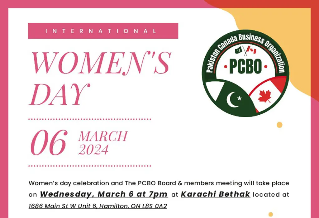 Invitation to PCBO’s Women’s Day celebration on 6 March 2024 at Karachi Bethak, Hamilton
